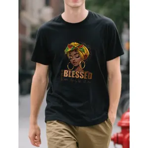 Casual Streetwear Style Men's T-Shirt With African Woman And Watermelon Headwrap Design Blessed I Am She She Is Me Text Graphic Summer Wear For Everyday Outfits Gift For Him Who Loves Cultural Art And Empowerment Messages