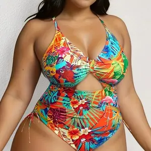 Tropical Pattern Hollow Cross Tie Back Multicolor Print Sexy Plus Size Swimsuit TK014 Sexy Three-Piece Bikini Swimsuit