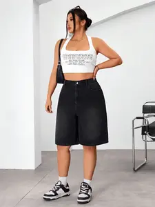 Plus Size Loose High Waist Wide Leg Jeans for Women, Comfortable Fitted Denim Shorts, Solid Pattern, Ideal for Casual Wear