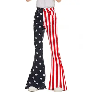 Women's American Flag Flared Jeans Classic Waisted Bell Bottom Pants 4th of July Patriotic Clothing, Fall and Winter Fashion Styles, USA 70s Disco Outfits casual jean Womenswear Trouser