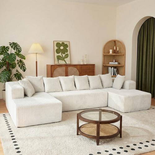 [2 Packs Shipped] Niccae U-Shaped Modular Sectional Sofa - 132.5" Corduroy Upholstered 5-Seat Oversized Living Room Furniture, No-Assembly-Required Modern Couch with 2 Pillows for Living Room, Upholstered Sofa Couch