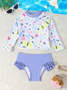 Floral Print Round Neck Long Sleeve Swimsuit Set, Rash Guard Swimsuits, Cute Swimwear, Summer Beach Vacation, Perfect Gift Choice