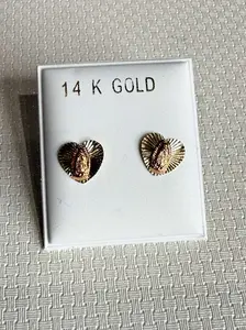 14K Gold Virgin Mary Heart Stud Earrings