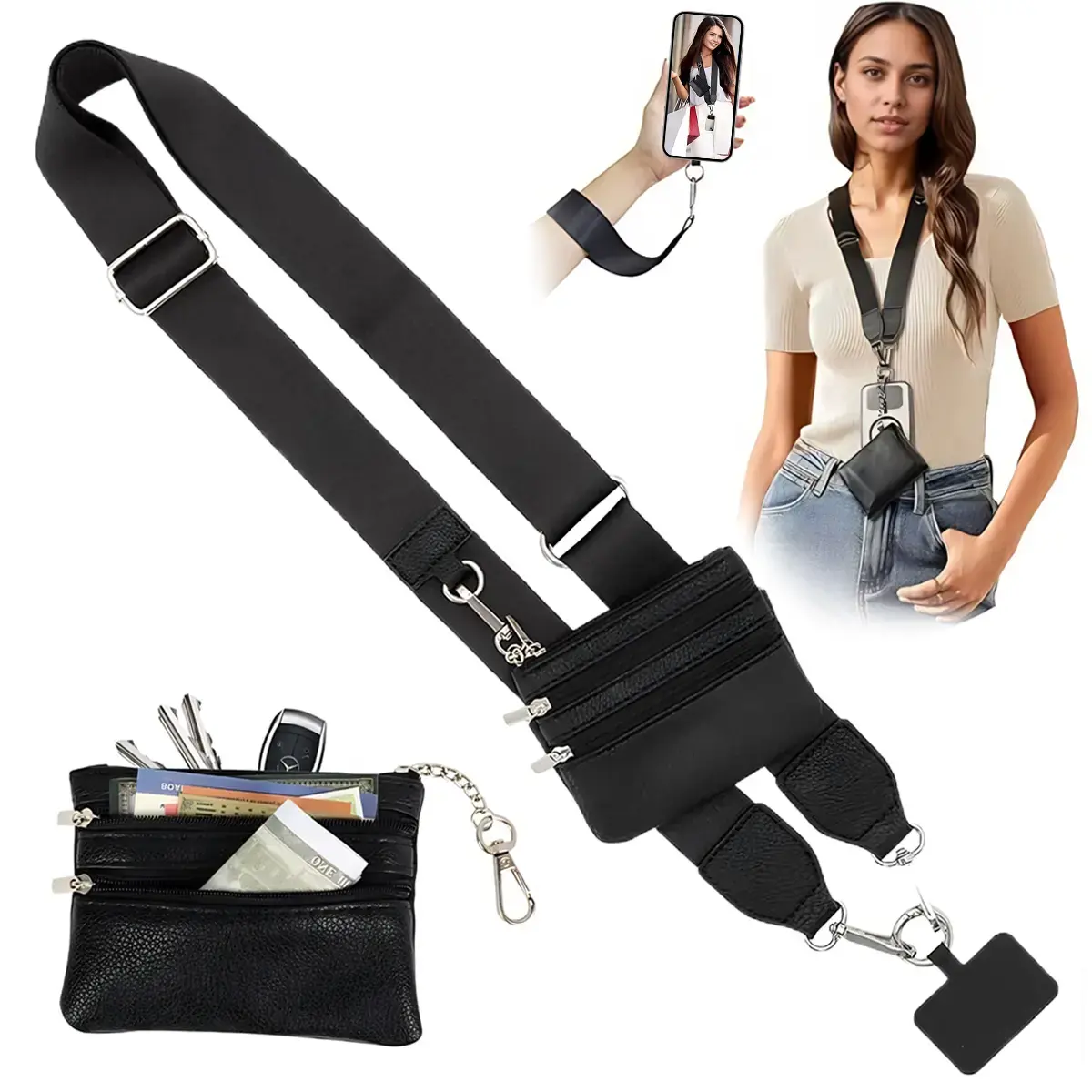 Adjustable Phone Sling Crossbody Lanyard Strap with Wallet & Zipper Pouch - Mobile Electronics Accessory, Phone Straps & Charms, Accessories