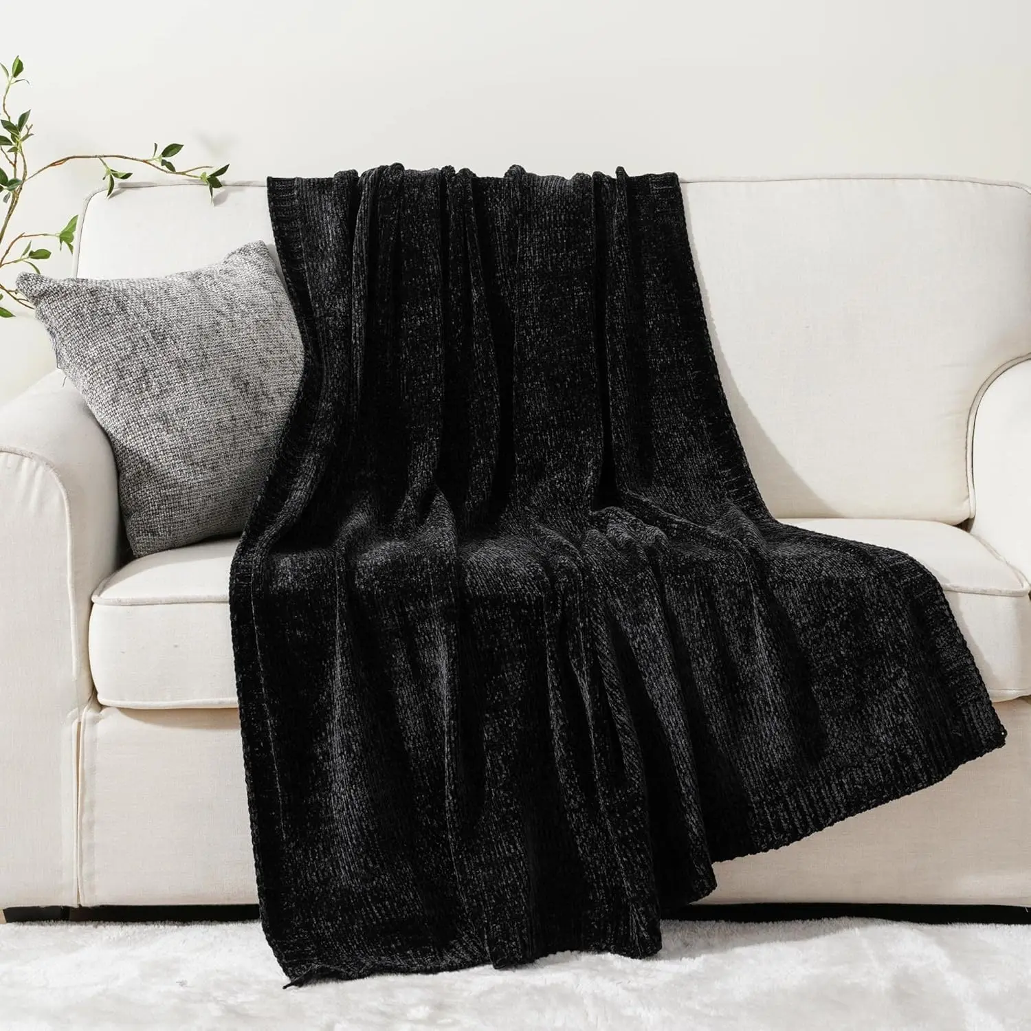 Black Throw for Couch, Woven Chenille Throw Blankets for, Chair, Sofa, Black Knitted, 51"x67"