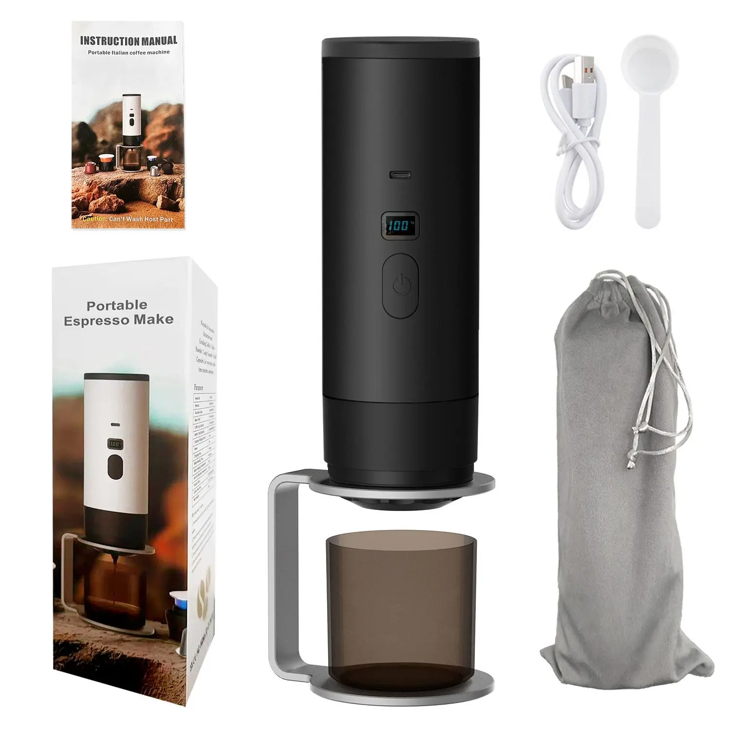Portable Espresso Make Machine with USB Cable, Instruction Manual, and Travel Bag for On-the-Go Coffee Brewing