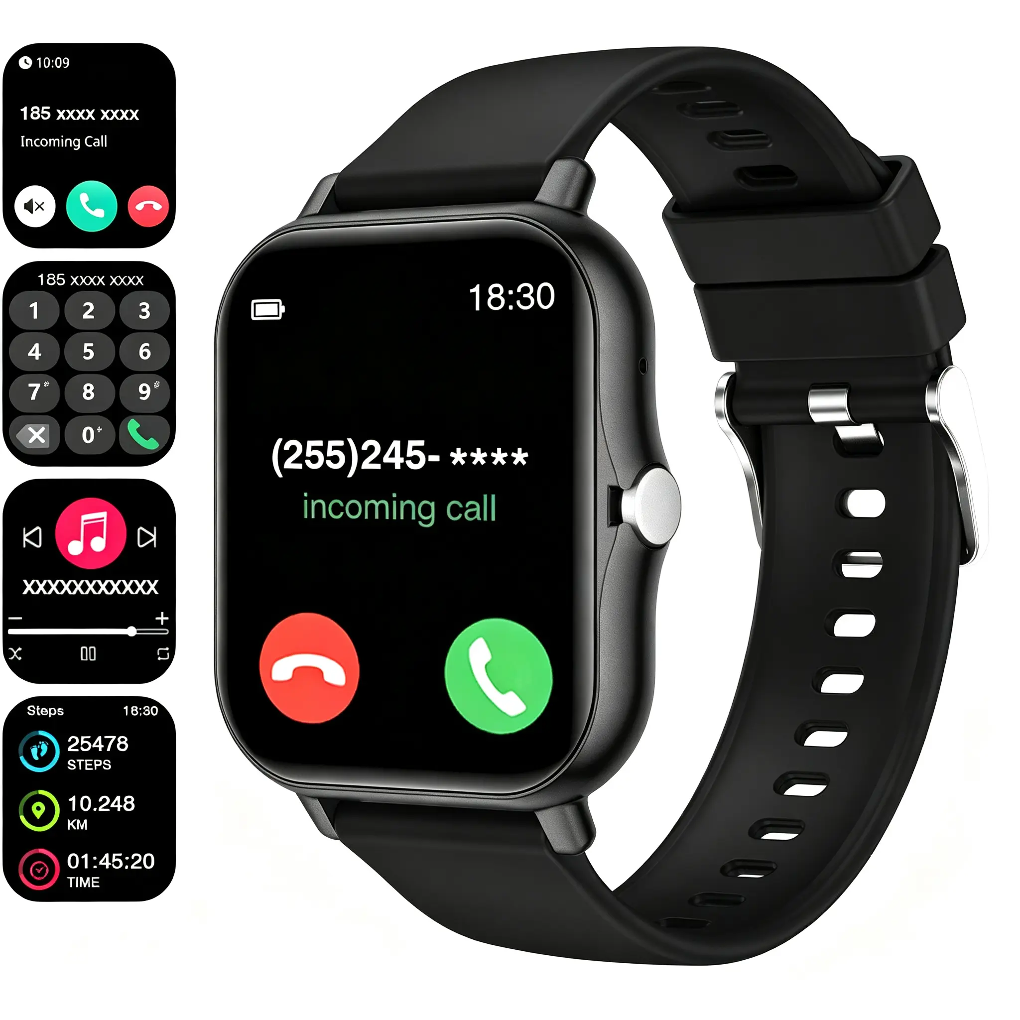 1.83-inch smartwatch with a large display, supporting Bluetooth calls and voice dialing, customizable watch faces, multiple workout modes, and message notifications