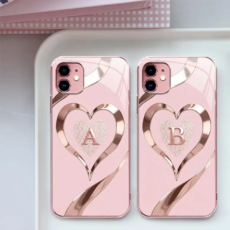 Suitable for [iPhone 11 ] Luxury Rose Gold Heart Monogram Phone Case | Personalized A-Z Initial Electroplated Glossy Glass Protective Cover | Shockproof Drop Protection, Anti-Scratch & Anti-Fingerprint | Cute Gift for Her -JS996
