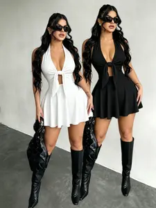 Women's Two-Piece Halter Mini Dress, Deep V Neck Tie Back Hollow Out A-Line Skirt, Sleeveless Backless Short Dress, Party & Summer Streetwear