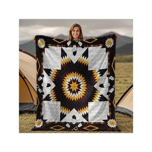 Vibrant Native American Geometric Star & Feather Patterned Cozy Camping Blanket
