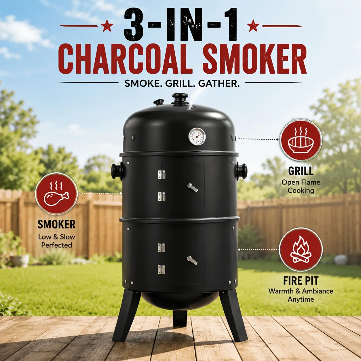 3-In-1 Portable Charcoal Smoker Grill with Built-In Thermometer, Adjustable Height BBQ Grill & Fire Pit, Large Cooking Grate, Charcoal Grill Outdoor Grill for Camping, Backyard, Tailgating, Father's Day Gift for Dad, BBQ Gifts for Men