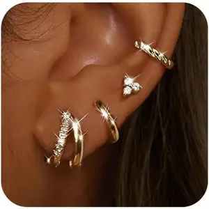 4 Pairs Gold Hoop Earrings Set for Women Trendy: Hypoallergenic Huggie Hoop Earrings 14k Gold Plated Flat Back Stud Earrings Dainty Small Chunky Cartilage Tragus Helix Jewelry Stack Multiple Piercing