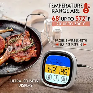 Digital Meat Thermometer with Large Touchscreen, Stainless Steel Probe & Timer, Dual Display Fahrenheit & Celsius, Perfect for Grilling Cooking Baking