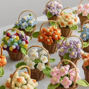 Handmade Crochet Flower Basket, 1 Count Cute Room Decor Mini Handmade Knitted Flower Potted Plant, Handmade Rattan Baskets, Creative Gift for Mother & Father, Home Decoration, Weaving Basket