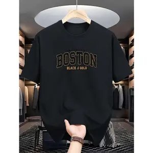 [100% Cotton] Comfortable 100% Cottne Knit Fabric Men'S Casual Crew Neck T-Shirt With Boston Print, Slight Stretch, Summer Short-Sleeve Top, Versatile & Easy Care - Regular Fit T-Shirt For Men And Women