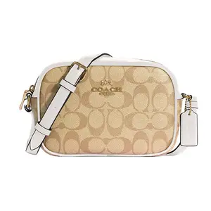 COACH Camera 19 Classic Canvas and Leather Crossbody Bag for Women, Small Size, White and Khaki Monogram