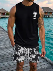 Men's Summer Coconut Tree Print Round Neck Sleeveless Tropical T-Shirt, Irregular Branch Pattern Drawstring Beach Shorts, Breathable Casual Outdoor Set