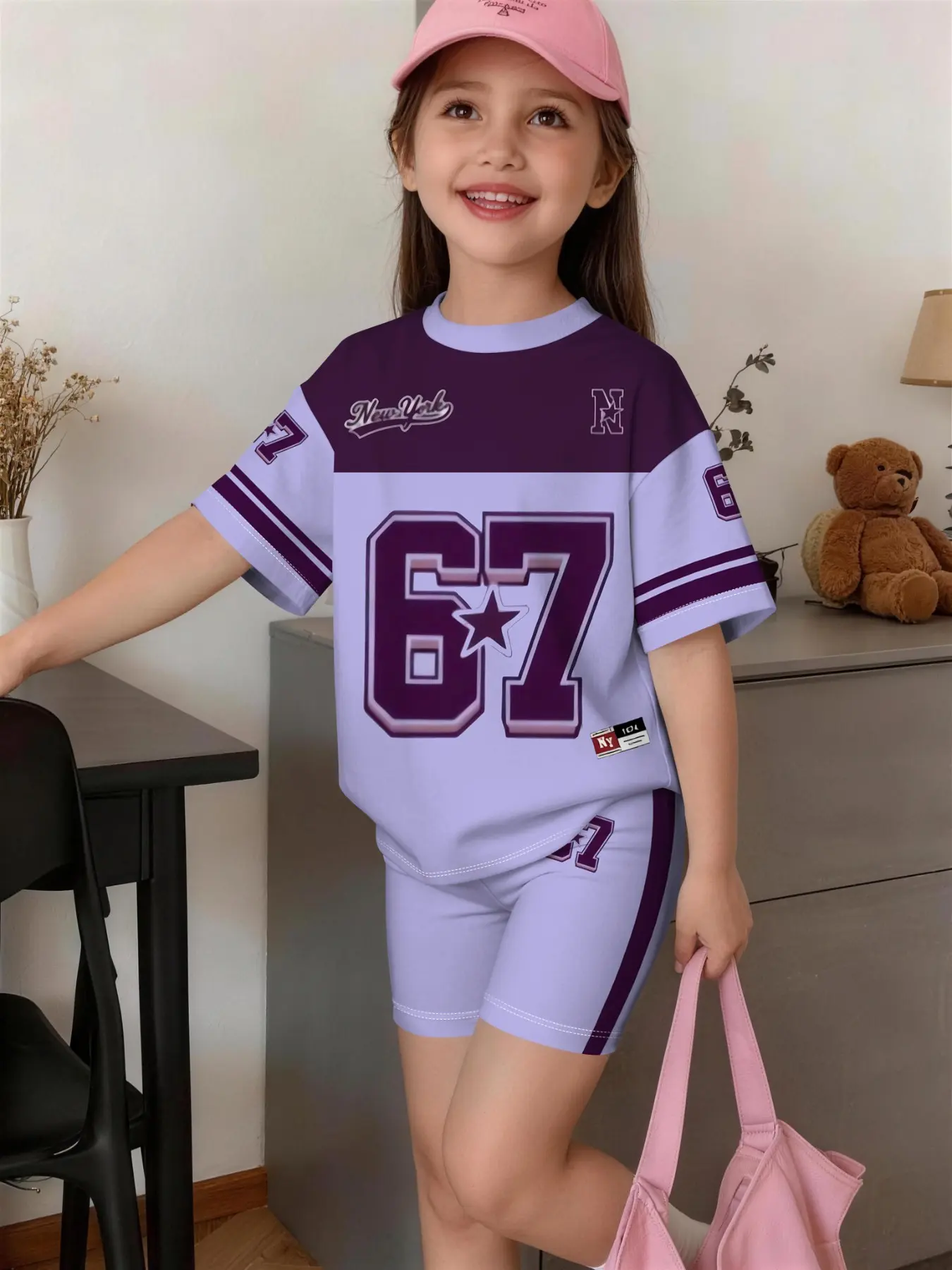 2-Piece Girl Street Sport Set, 3D Digital Print Number 67, Tween Girls Running Beach Casual, Kids Girls Clothing, Summer Wear, Sporty Set, Clothes Sets