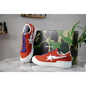 A Bathing Ape Mad Sta #1 Suede Leather Sneakers Closed Boy Red Lace-Up Trainers with Logo Patch & Padded Collar