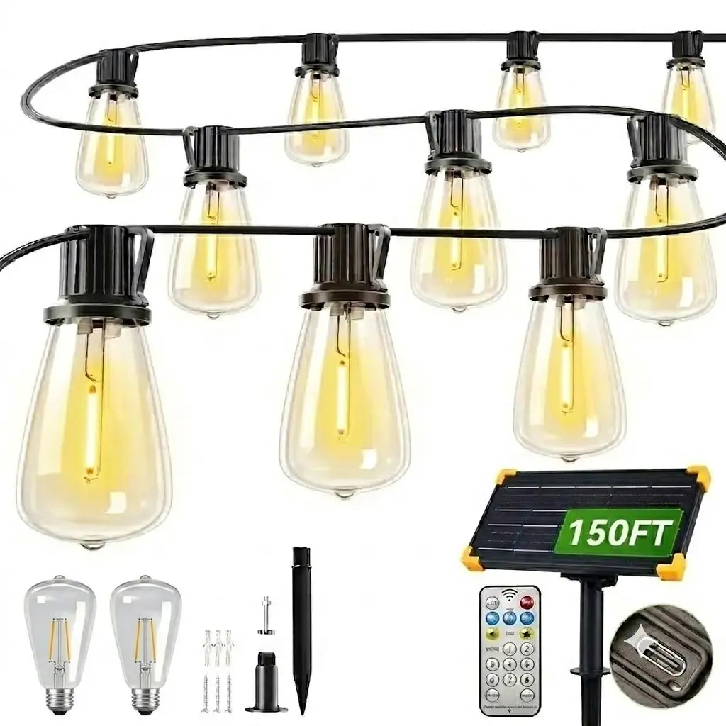 Ekoio ST38 Solar Outdoor String Lights - Solar Strip Lights, 150FT, Waterproof, Shatterproof Bulbs, 20H Full Charge Runtime, 8 Lighting Modes with Remote, Outdoor Safe, Christmas Home Patio Decor