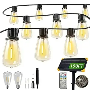 Ekoio ST38 Solar Outdoor String Lights - Solar Strip Lights, 150FT, Waterproof, Shatterproof Bulbs, 20H Full Charge Runtime, 8 Lighting Modes with Remote, Outdoor Safe, Christmas Home Patio Decor