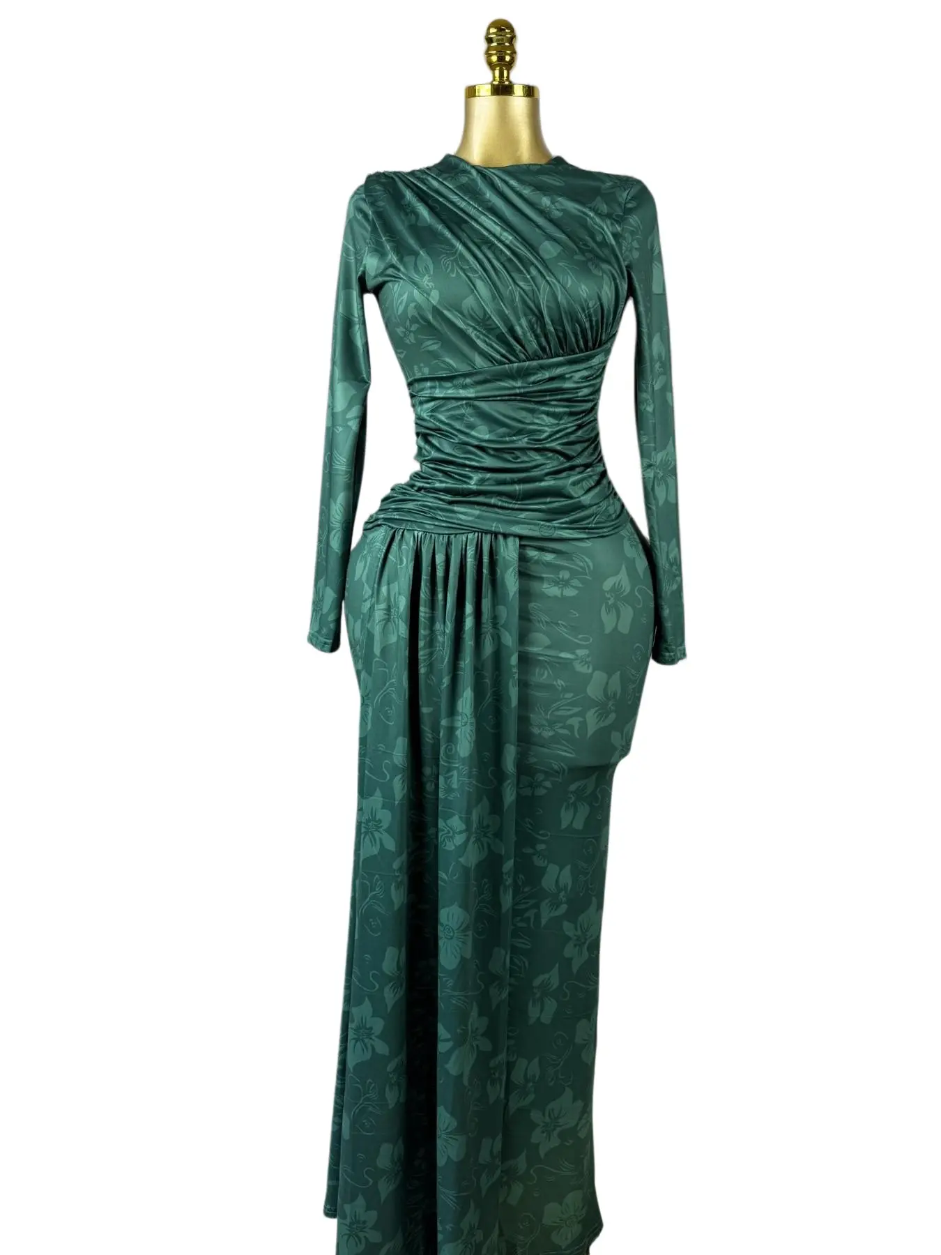 QFAF Emerald Green Bodycon Maxi Dress Women 2026 Elegant Long Sleeve Ruched Slim Fit Draped Waist Party Dress Formal Wear Chic Evening Gown High Waist Stretch Fashion Outfit Wedding Guest Birthday Dinner Date Night Vacation Holiday Clubwear Trendy Style