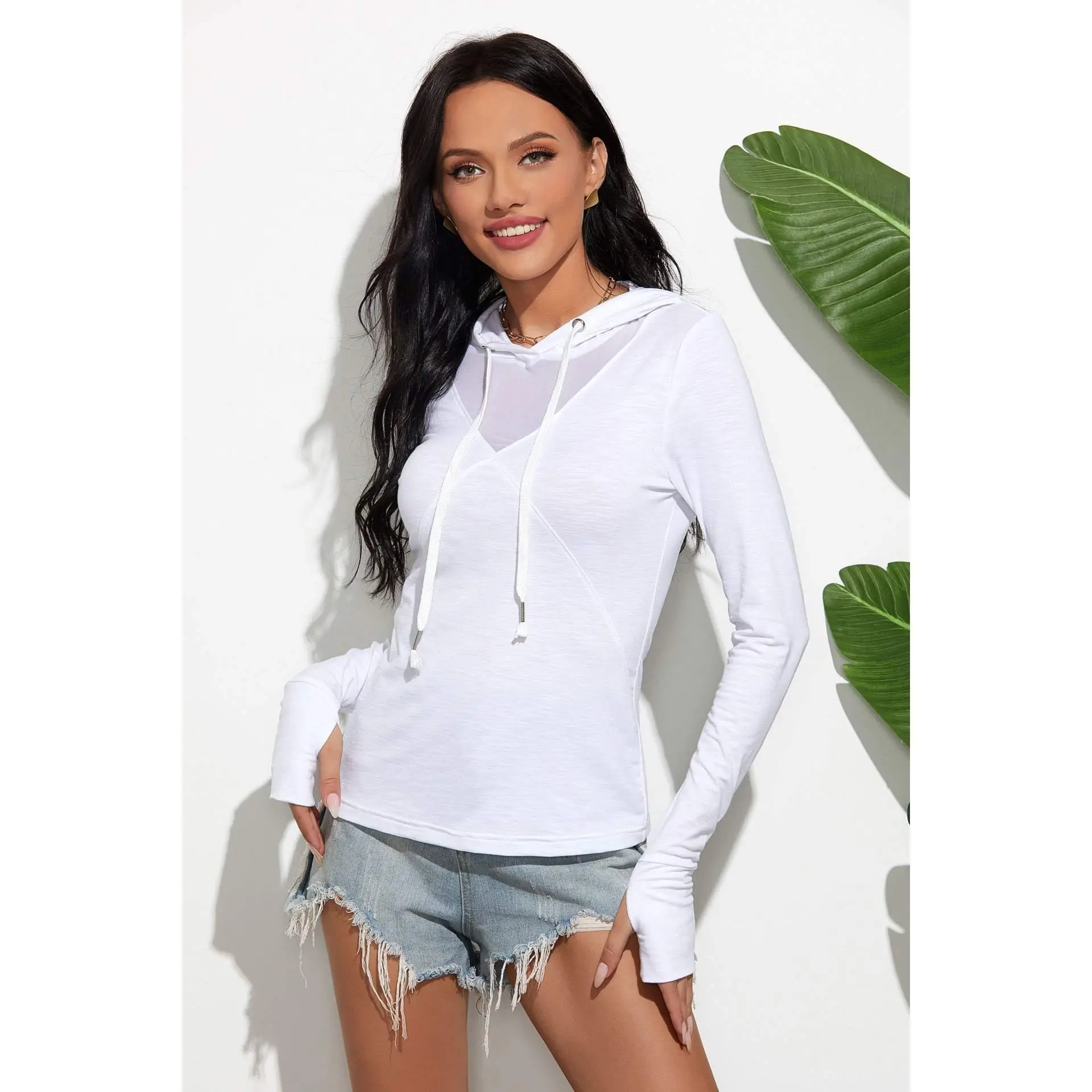 Solid Mesh Drawstrings Hoodie