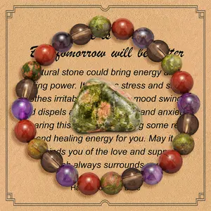 2pcs Men's Fashion Bracelet with Unakite, Amethyst, Red Jasper, Smoky Quartz & Unakite Bracelet 8 Mm Round Scorpio Crystal Beads, Men's Gift