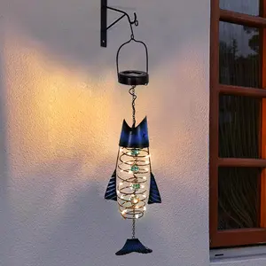 Patio Deals Solar Lanterns Outdoor Waterproof, Fish Lantern Lights, Metal Hanging Garden Decor for Patio & Yard, Gifts for Fishermen, Warm White LED Home Decoration