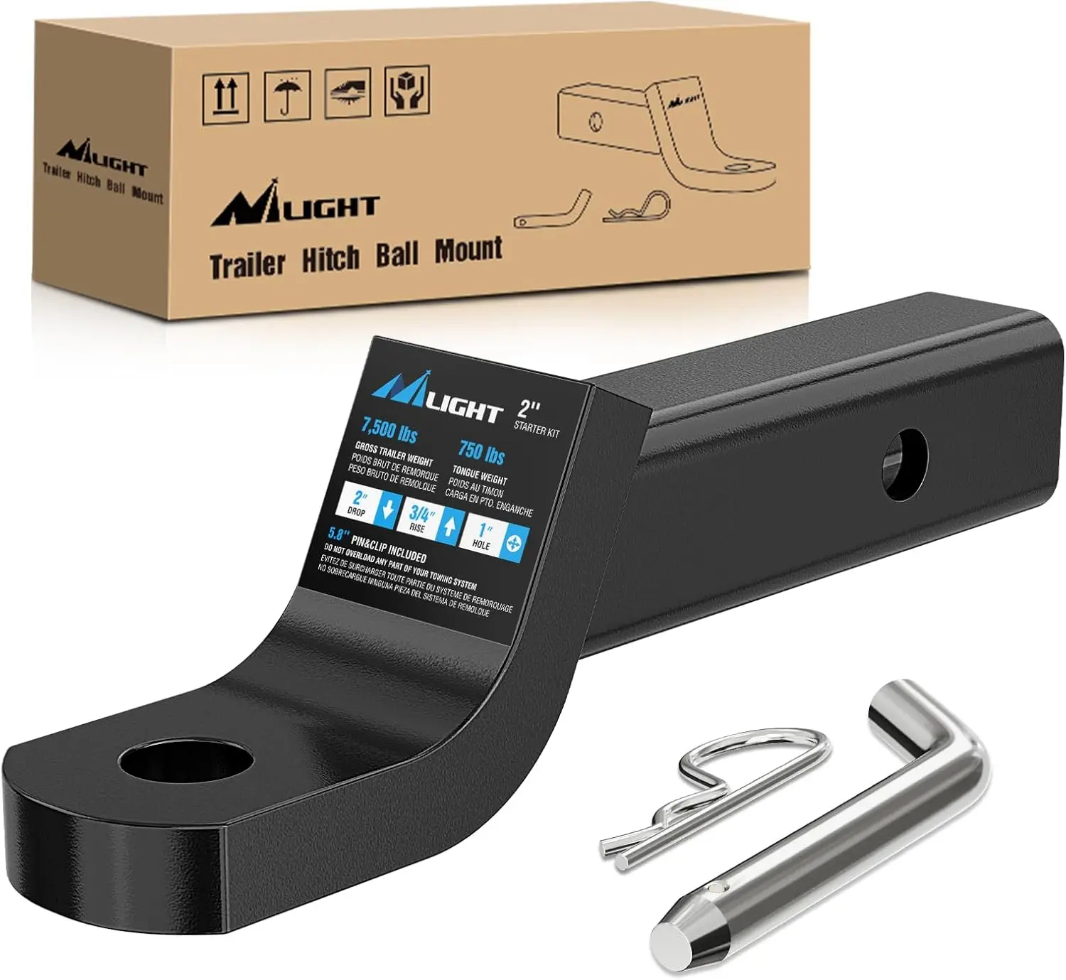 Nilight Trailer Hitch Ball Mount, 2-in Receiver Fit for Cars & Motorcycles, 5/8-in Pin Clip, 7500lb Capacity, 2-in Drop-3/4-in Rise, 1-in Hole, Gloss Black Powder Coated Weatherproof for Towing Trailers, 2 Inches