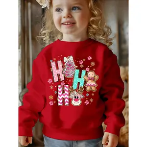 Girls' Christmas Sweater - Pastel Pink Holiday Sweater with Ho Ho Ho Lettering, Gingerbread & Reindeer Print, Cozy Winter Clothes for Toddlers & Kids, Soft Warm Pullover for Christmas Party Outfits, Christmas Sweaters