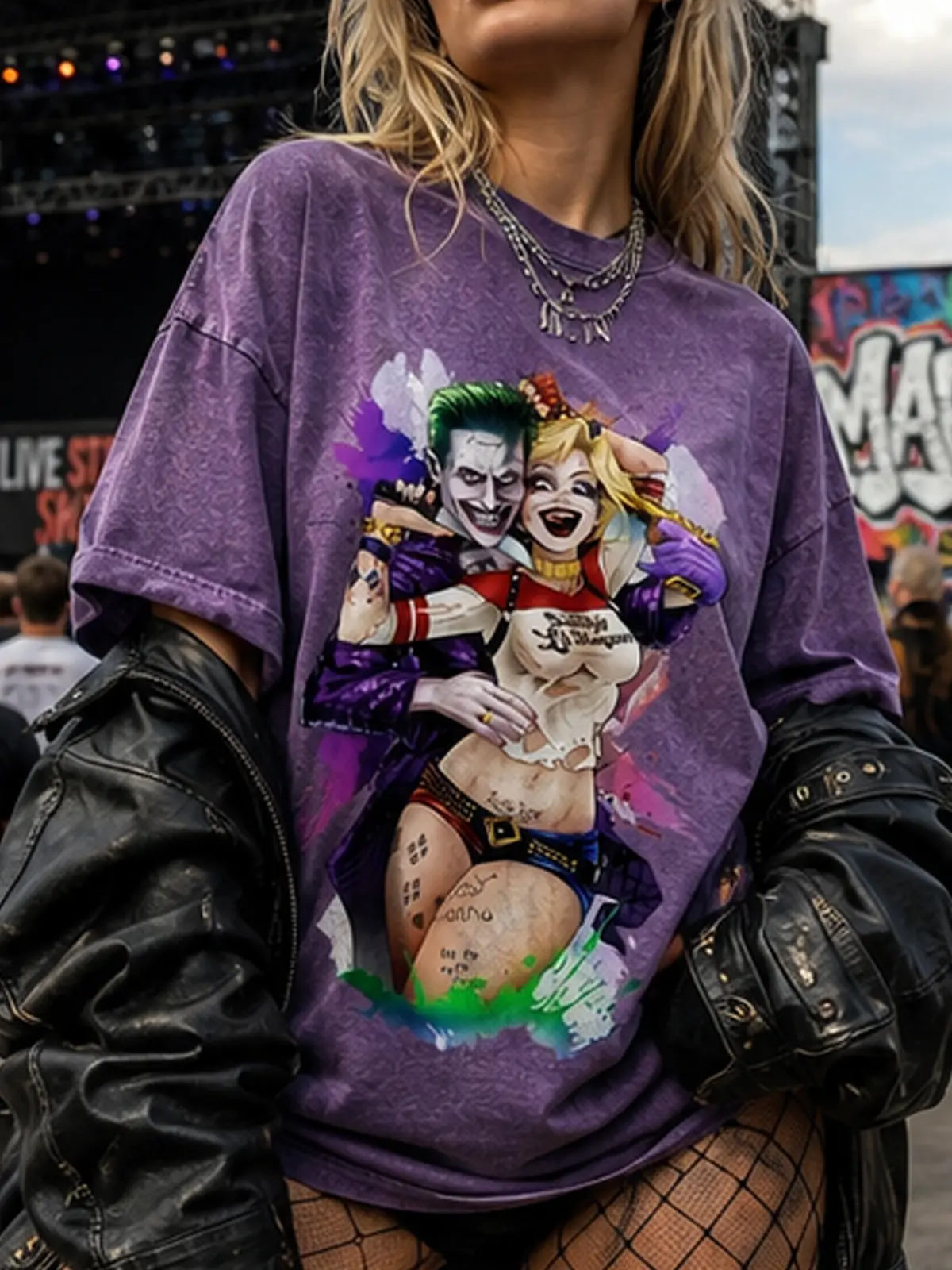 Justice League Comics Joker&Harley Quinn retro washed pattern women's Unisex T-shirt oversized cotton street T-shirt, gifts, parties, festivals