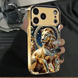 Golden Lion Diamond Statue Pattern Phone Case, Creative Phone Case, Suitable for iPhone 17/16/15/14/13/12/11 Shockproof Glass Phone Case, Create Your Beautiful Phone