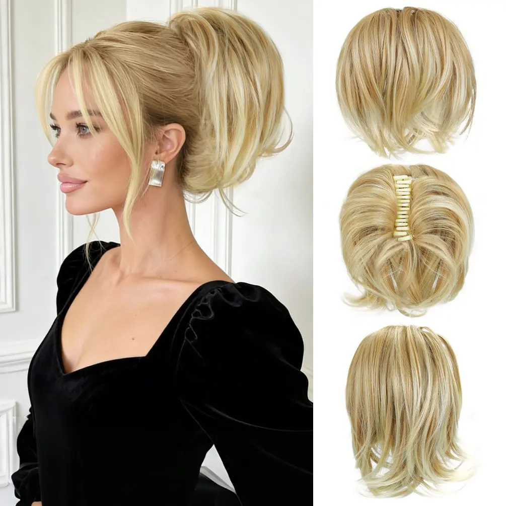 YEAME Female Claw Clip Hair Extension, 9-in Natural Fluffy Synthetic Lightweight Hairpiece, Casual Bendable Messy Bun with Gradient Highlights, Straight Synthetic Hair Hairpieces