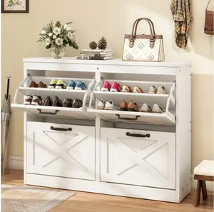 Storage Storage Cabinet with 4 Flip Drawers, Farmhouse Wood Shoe Cabinet, FreeStanding Narrow Shoe Rack Organizer with Metal Legs for Entryway, Hallway, White