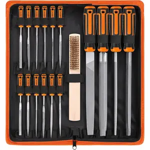 25Pcs Metal File Set, Premium Grade T12 Drop Forged Alloy Steel, Flat/Triangle/Half-round/Round Large File and 12pcs Needle Files with Carry Case, 6pcs Sandpaper, Brush, A Pair Working GlovesQuesear