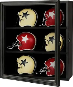 6 Mini Football Helmet Display Case, Wood Mini Helmet Display Case, Helmet Stand Display Cabinet Wall Mount with Lockable Real Glass Door, Black