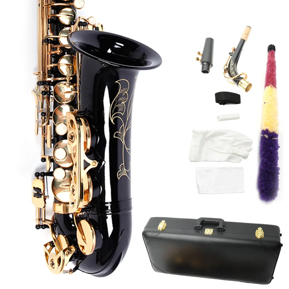 Golden Lacquered Brass Eb Alto Saxophone Kit for Beginners - Carving Pattern, Pearl White Shell Buttons, Black Strap, Natural Elegant Design, Mallets (Ideal for Woodwind Players)