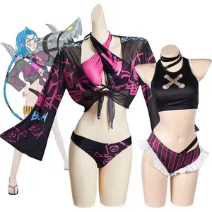 LOL Arcane Jinx Vi Cosplay Swimsuit Costume for Women Female Bikinis Set Girls Swimwear Fantasia Roleplay Outfits Halloween Suit