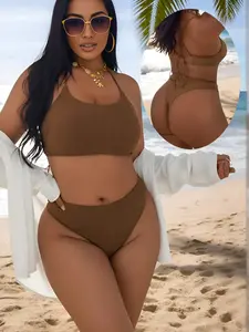 Women's New European Style Plus Size Plain Back Cross Tie Strapless Bikini Set, Perfect for Beach Poolside, Sexy Swimsuit, Tie Swimwear