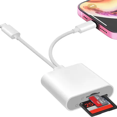 Dual-Cable Dual-Interface Lightning-USB C Reader with USB C Input, Non-Toxic Plug-and-Play Camera Accessory for iPhone, Android Devices, Supports SD Card, TF, Memory & Sim Cards