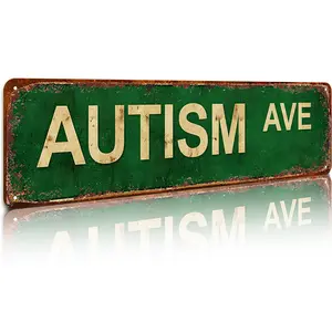 Vintage Aluminium "Autism Ave" Metal Sign, 4"x16" Distressed Green and White, Rustic Farmhouse Design Wall Decor for Home Bar, Home Decoration