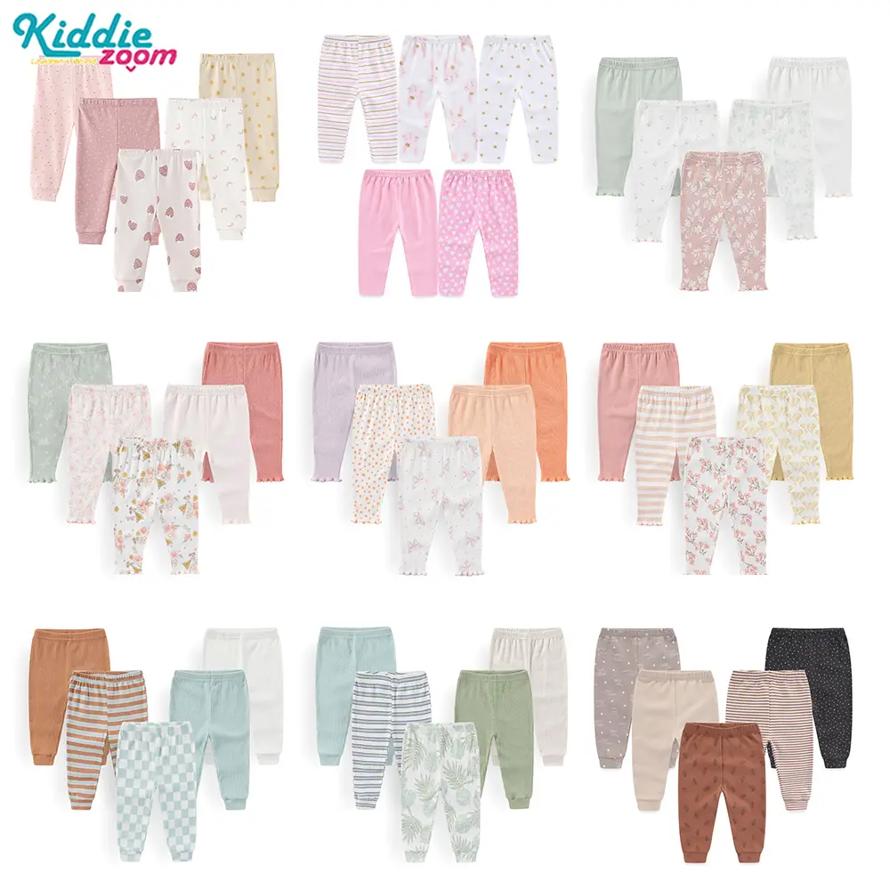 Kiddiezoom Unisex 5-Pack 100% Cotton High-Waist Cartoon Print Baby Pants - Machine Washable, All-Season Casual Cozy Bottoms for 0-3m Infants, Toddlers, Baby Clothing