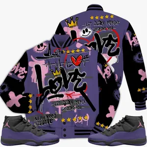 11 Canyon Purple Varsity Jacket, Canyon Purple 11s Shirt, Happy Love Beats Graffiti Streetwear Unisex Sneaker Matching Outfits Ideas Casual Knit