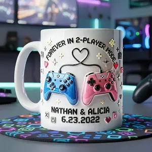 Personalized Couple Gaming Mug 2D Printed 3D Effect Game Controller Design Custom Name Coffee Cup Unique Fun Gamer Couple Gift for Couples Anniversary Birthday Matching Keepsake Present for Him Her Gaming Lovers Mug