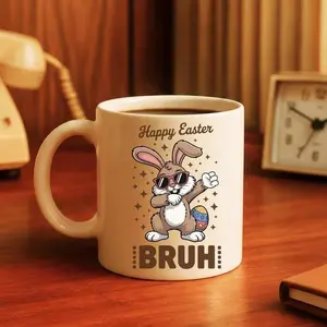 Funny Easter Bunny Mug, Happy Easter Bruh Coffee Cup, Cute Dabbing Rabbit Gift