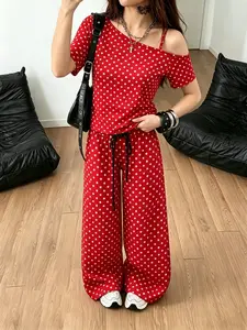 Y2K Summer Women's Polka Dot Asymmetrical Shoulder Set, Loose Fit Wide Leg Pants, Soft Fabric, Comfortable and Slimming, Casual Chic Style, Womenswear