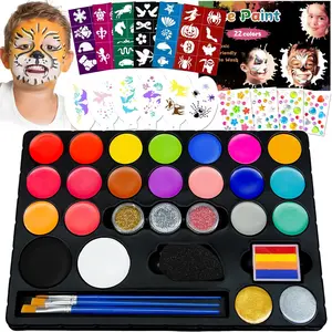 Professional Face Painting Kit – 22 Colors Non-Toxic Face & Body Paints with Rainbow Palette, Brushes, Stencils, Glitter & Gems for Birthday Parties, Halloween, Festivals, School Events
