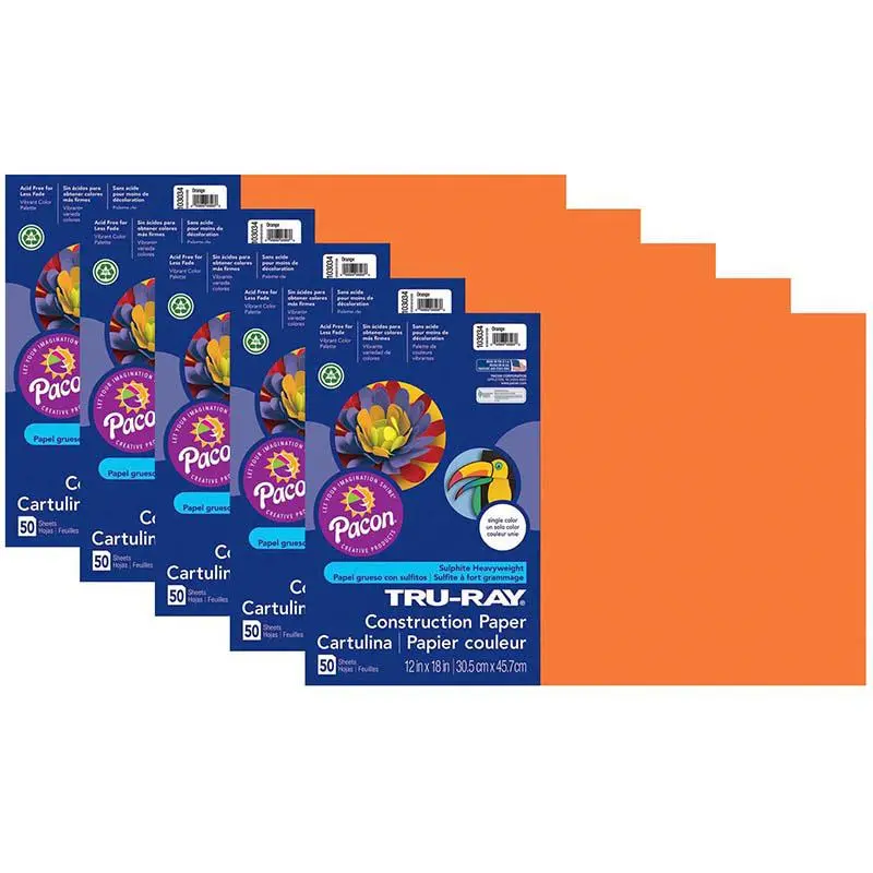 Construction Paper, Orange, 12" x 18", 50 Sheets Per Pack, 5 Packs