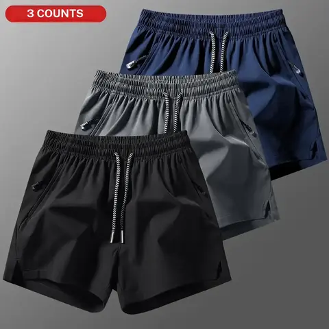 Men's 3PCS Plain Above-the-Knee Lite Polyester Sports Shorts - Fitted Cut, Elastic Drawstring Waist, Zip Pockets, Breathable, Multifunctional, Streetwear, XL, for Training, Summer Outdoor Use